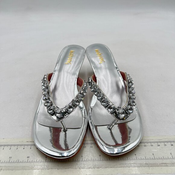 Maiyang Silver Open Toe Rhinestone Strappy Flip Flops Slip on Low Heel Sandals - Picture 3 of 8